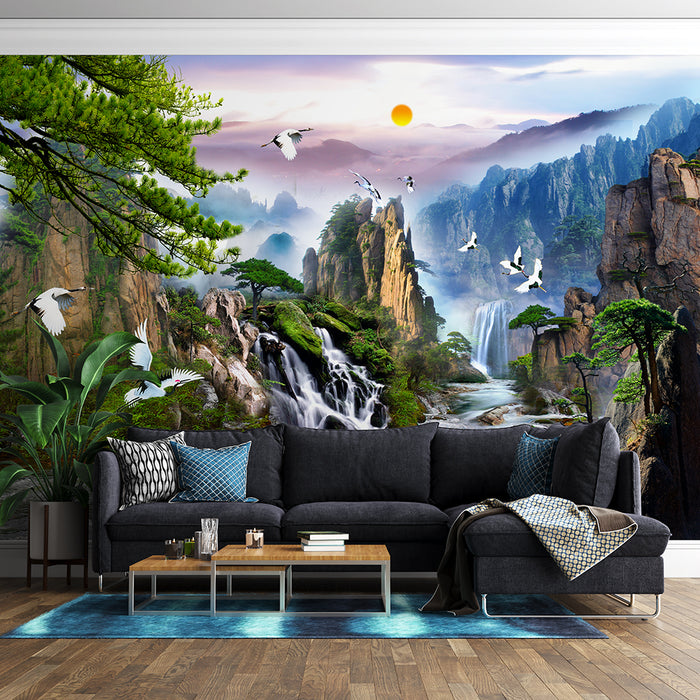 Landscape Xianhe Waterfall Wallpaper Mural | Ink wash Landscape Style Decoration