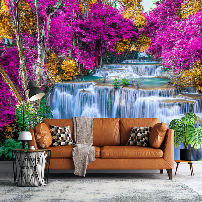 Forest Waterfall Theme Wallpaper Mural | Pink Purple Forest