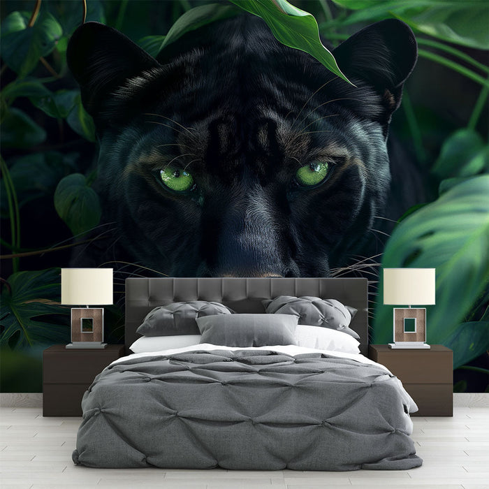 Black Panther Jungle Mural Wallpaper - Dark Botanical Wildlife Theme - Premium Peel & Stick Wall Décor