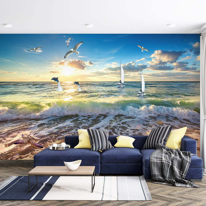 Sea view beach wallpaper mural | Living room bedroom vacation style decorative wall