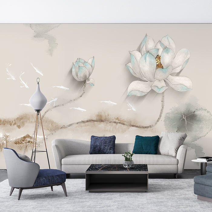 New Chinese ink lotus wallpaper | Light colored lotus flowers+swimming fish landscape