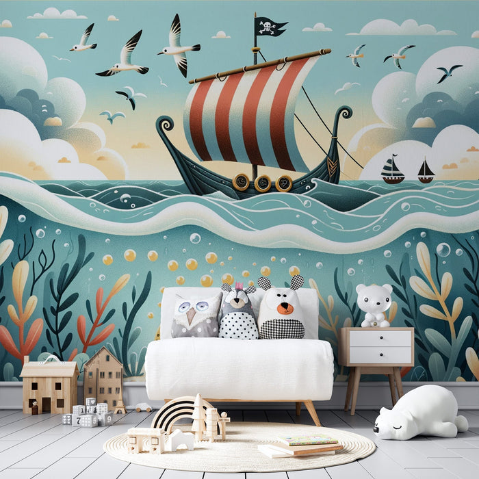 Pirate Ship Underwater Treasure Wallpaper Mural | Children's Room Bedroom Adventure Decoration Wall