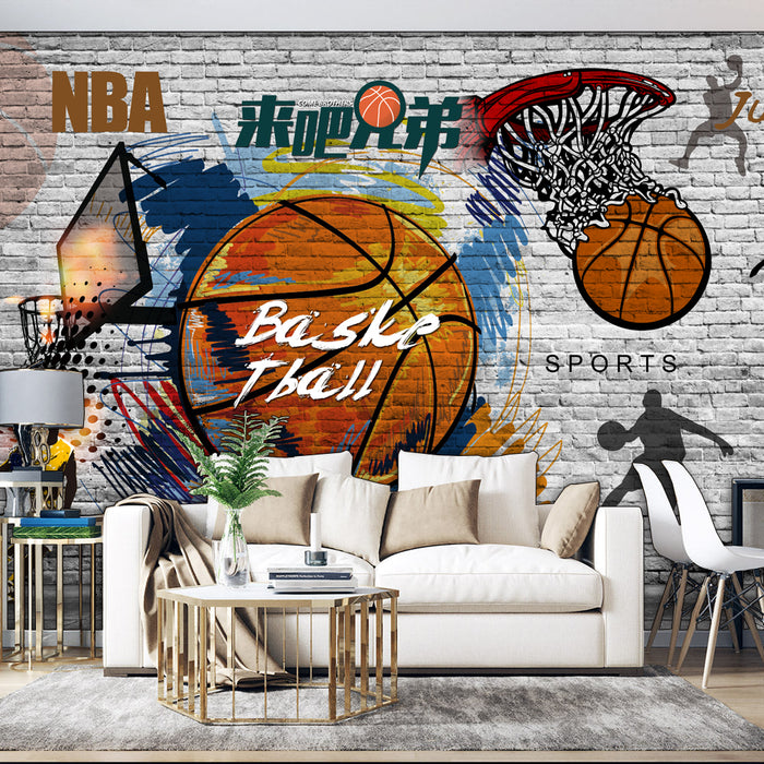 Urban Basketball Graffiti Wallpaper – Industrial Sports Decor for Living Room & Bedroom