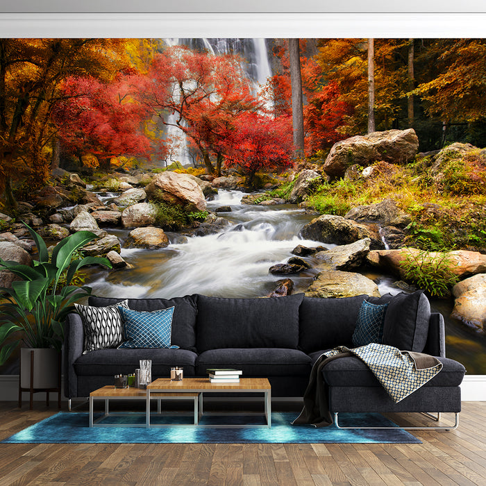 Autumn Forest Waterfall Wallpaper | Red Leaf Landscape Mural