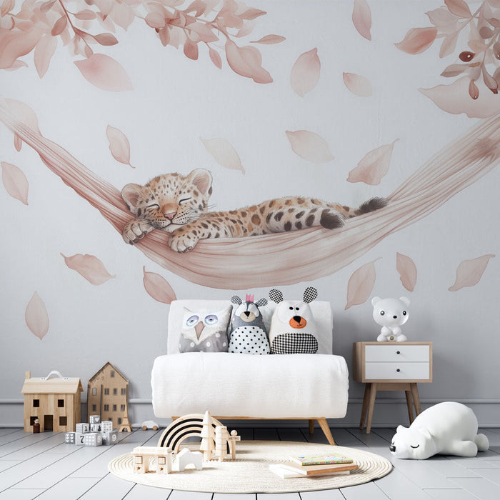 Cute leopard hammock wallpaper mural | Children's room bedroom healing decorative wall