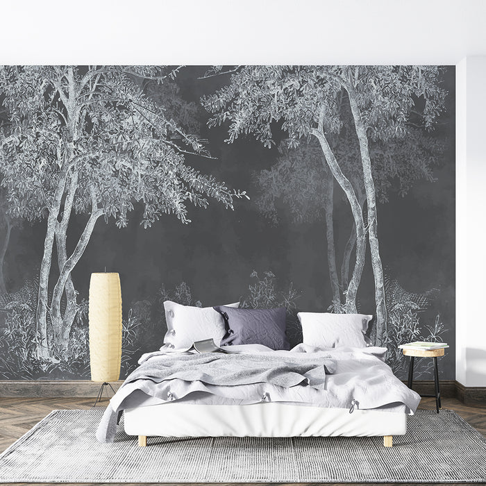 Wabi Sabi Dark Forest Wallpaper | Minimalist Tree Line Mural | Mysterious Zen Décor for Bedroom & Living Room