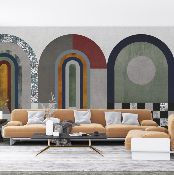 Retro arch wallpaper mural | Living room entrance art collage decorative wall