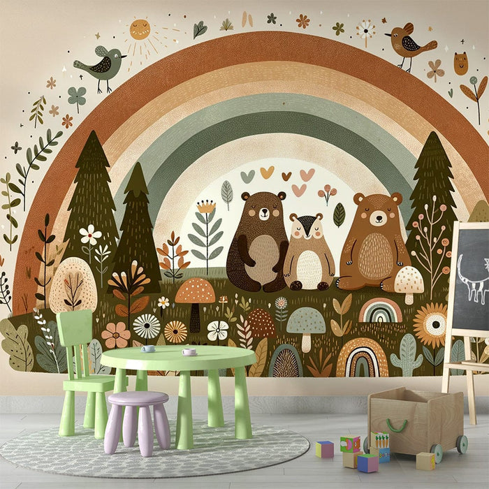 Forest Friends Rainbow Wall Mural – Healing Nature-Themed Kids Room Decoration