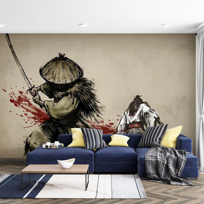 Ink wash martial arts style wallpaper mural | Ink splashed swordsman, blood red sword aura