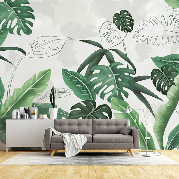 Hand drawn tropical leaf wallpaper mural | Preferred bedroom forest atmosphere