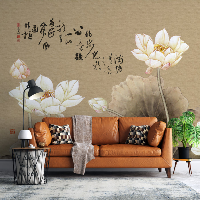 Chinese Gongbi Lotus Wallpaper Mural | Zen Decorative Wall in the Living Room Entrance