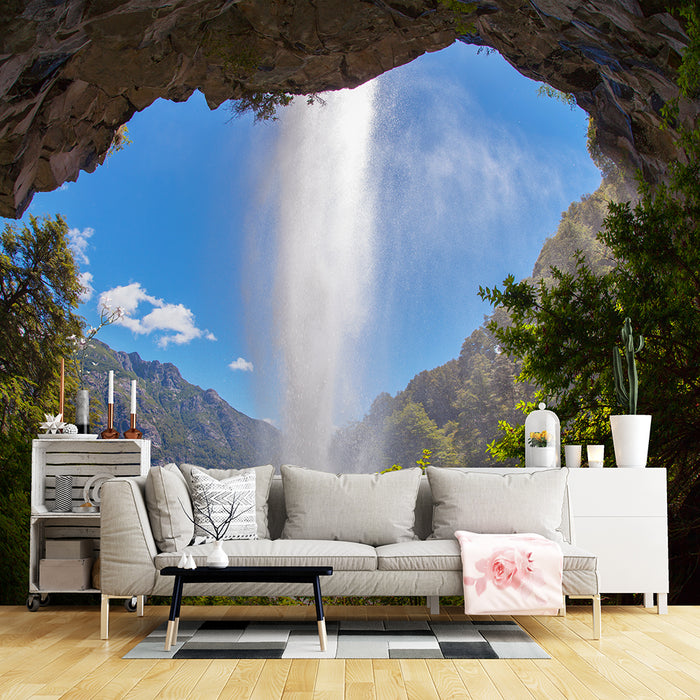 Cave waterfall landscape wallpaper mural | Living room bedroom natural decorative wall