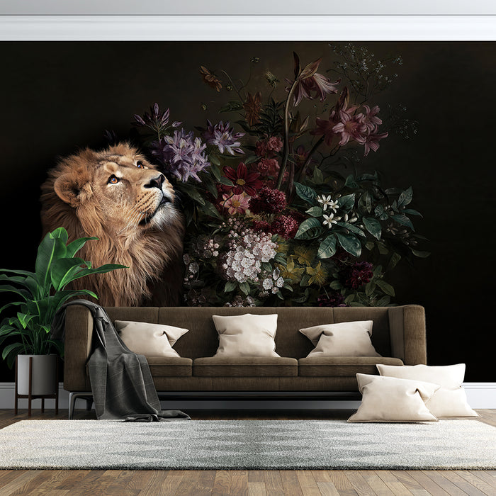 Artistic Lion Flower Wallpaper Mural | Lion+Blooming Flowers