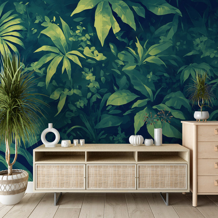 Deep green tropical plant wallpaper | Forest style decorative wall in living room and bedroom