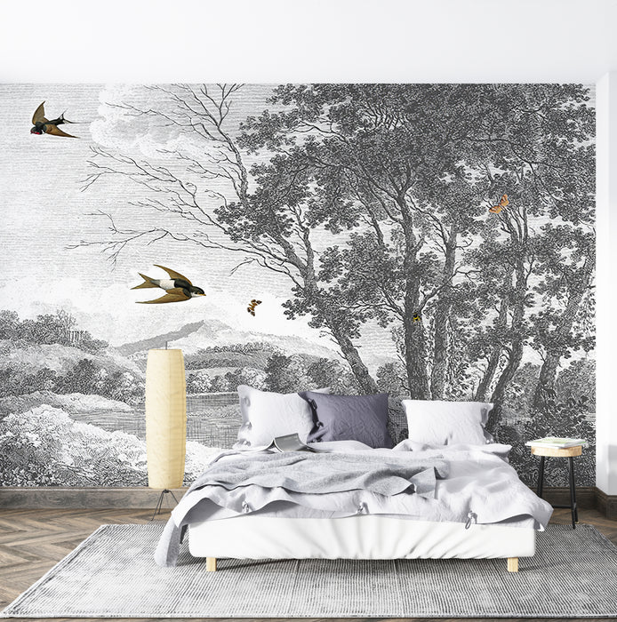 Vintage Landscape Illustration Wallpaper Mural | Rivers, Mountains, Forests, Swallows
