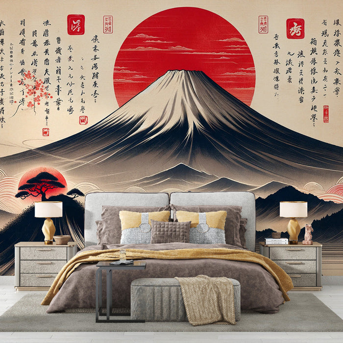 Japanese ukiyo-e Fuji Mountain Red Sun Wallpaper | Living Room and Study Decorative Wall