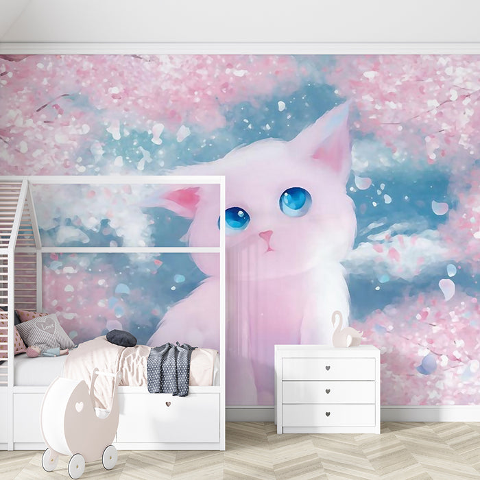 Sakura Cat Illustration Wallpaper | Dreamy Pink Blue Art Mural