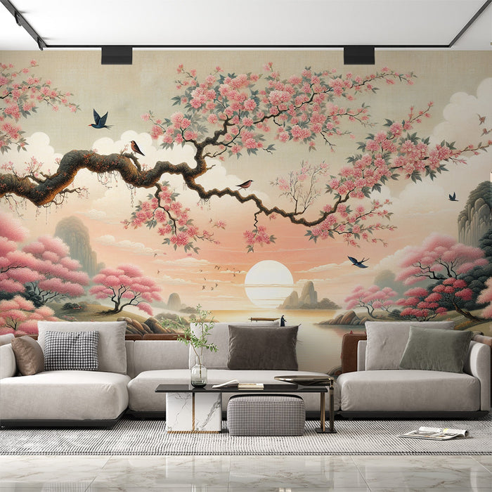 Japanese Cherry Blossom Mural Wallpaper – Serene Lake, Koi Fish & Mountain Landscap