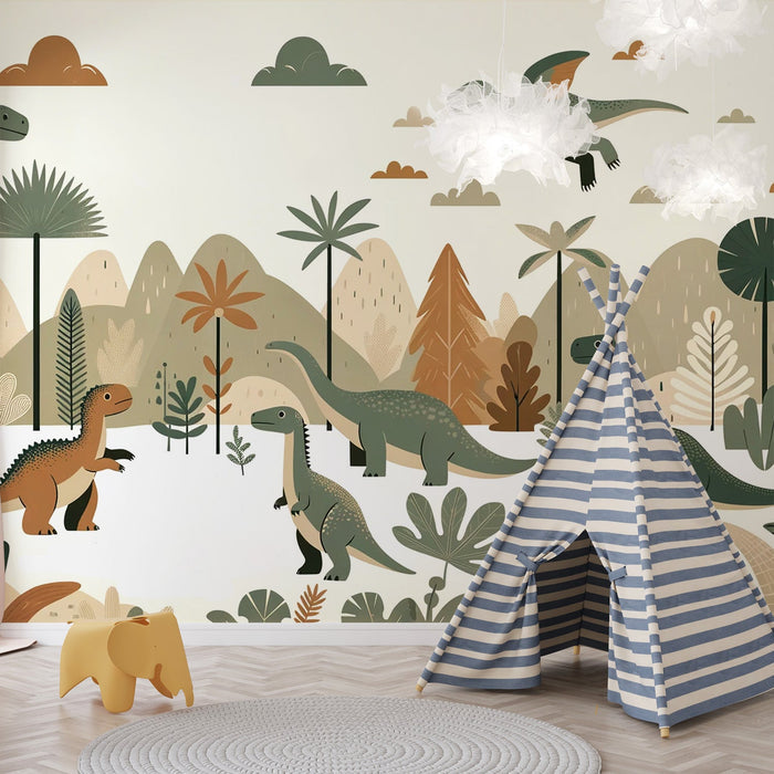 Cartoon Dinosaur Forest Wallpaper Mural | Children's Room Bedroom Playful Decorative Wall