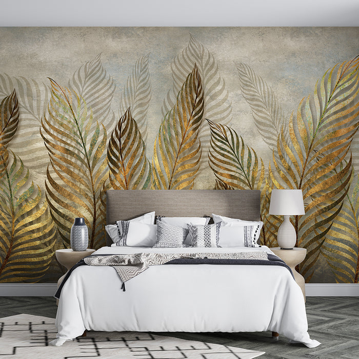 Vintage Golden Leaf Art Wallpaper Mural | Golden Fern Leaves