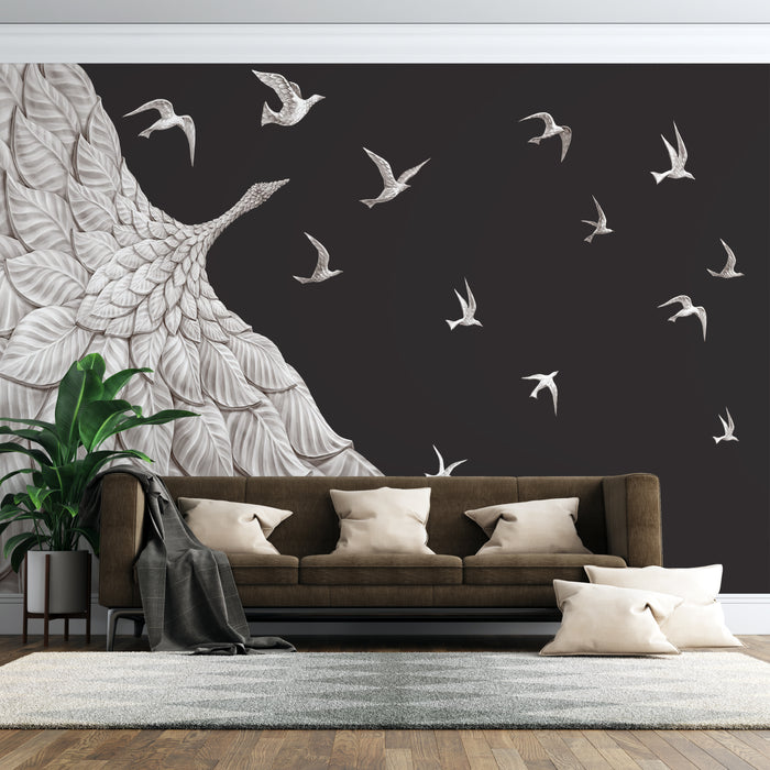 Relief feather bird wallpaper | black and white wing decoration mural