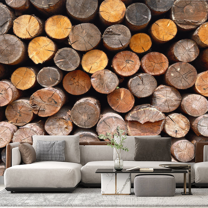 Wooden stacked wallpaper mural | Retro decorative wall in living room and study