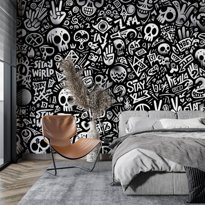 Street art mural wallpaper | Black and white skull decoration