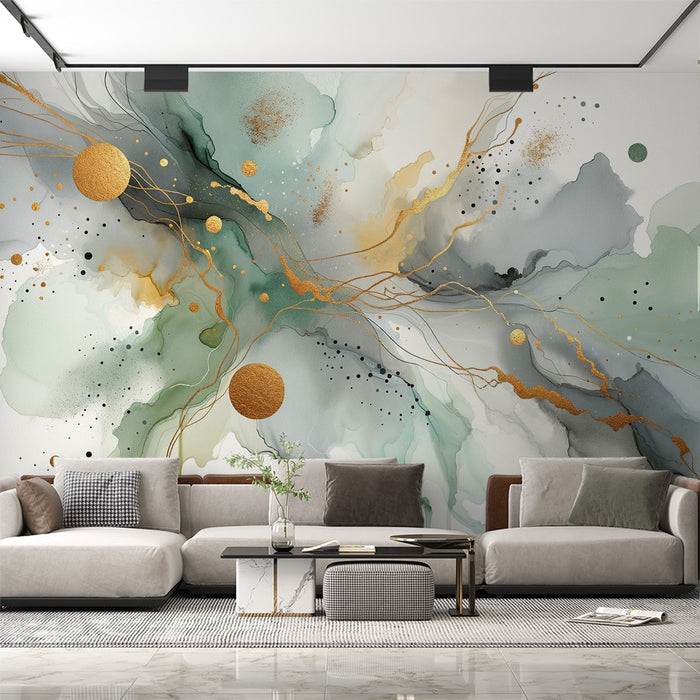 Abstract Gold Foil Wallpaper | Luxury Ink Wash Mural