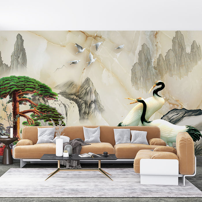 Chinese landscape pine crane wallpaper mural | living room entrance grand decorative wall