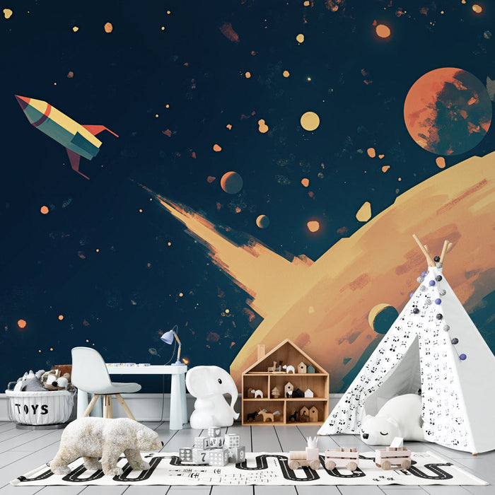 Cartoon Space Rocket Wallpaper Mural | Children's Room Bedroom Sci Fi Decorative Wall