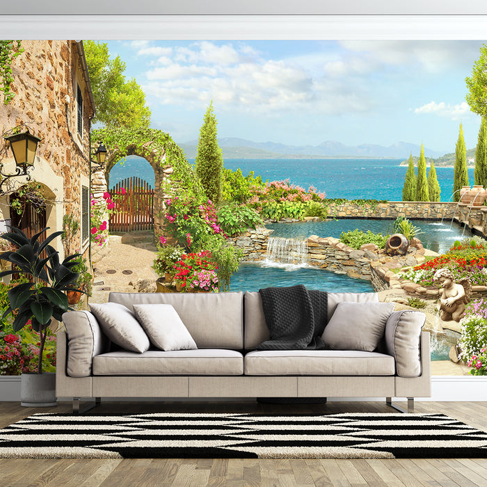 Mediterranean courtyard wallpaper | Sea view garden style mural