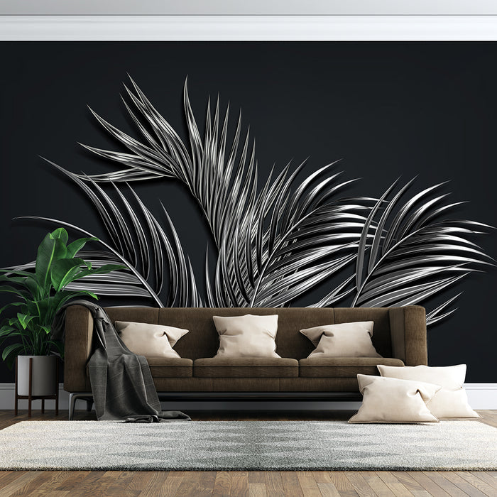 Black background silver palm wallpaper mural | Unique artistic atmosphere