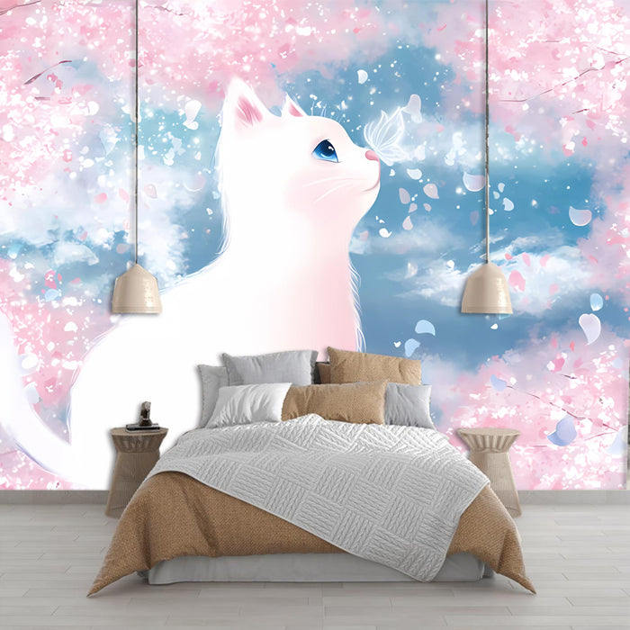 Cherry Blossom White Cat Wallpaper Mural | Bedroom, Girl Decoration Painting