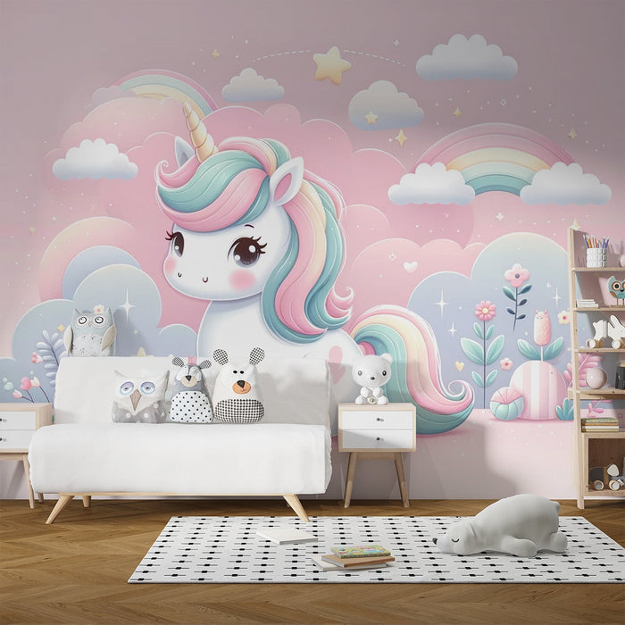 Enchanting Unicorn Wallpaper - Dreamy Rainbow & Cloud Design for a Magical Room