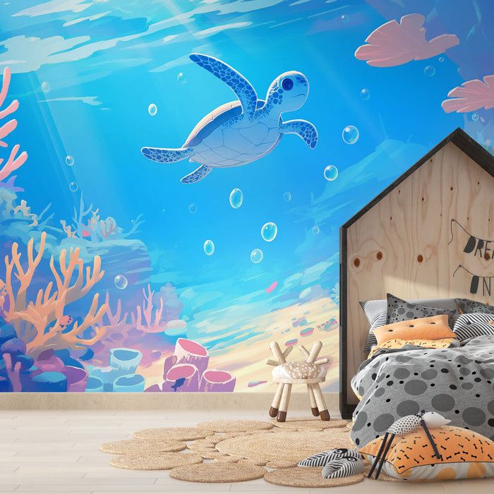 Cartoon turtle underwater wallpaper mural | Children's room bedroom ocean style decorative wall