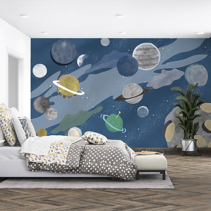 Space themed children's wallpaper | Cosmic fantasy background wall