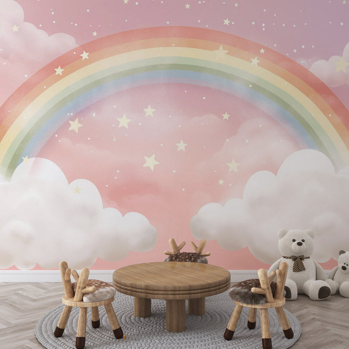 Enchanted Fairy Rainbow Wallpaper | Dreamy Pink Clouds & Stars Mural for Magical Girl's Bedroom