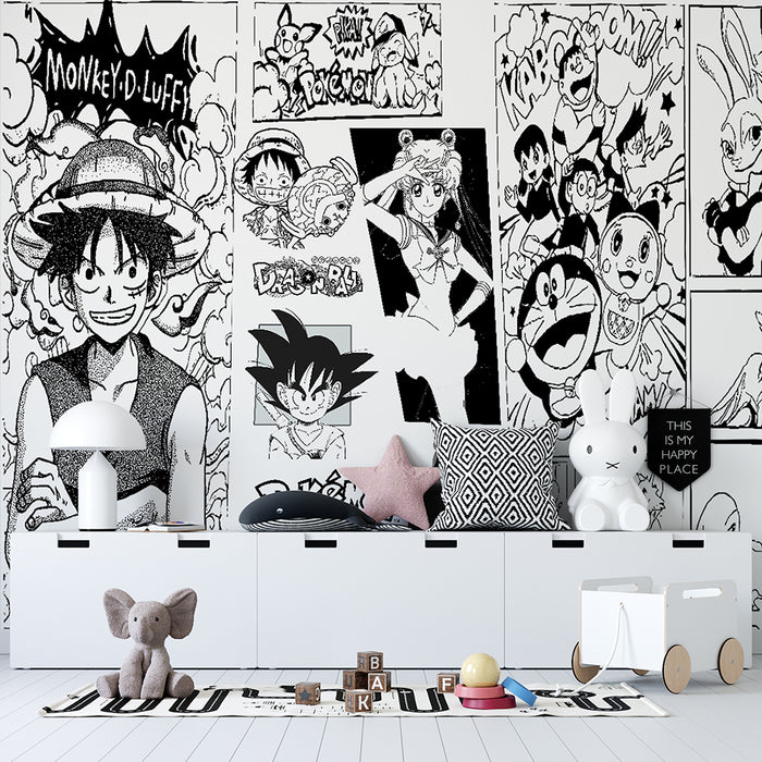 Nostalgic Anime Mural Wallpaper: Luffy, Goku, Doraemon Collection