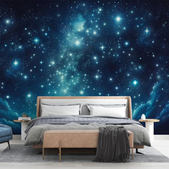 Starry Sky & Clouds Wallpaper Mural | Soothing Bedroom & Study Room Decor | Healing Cosmic Design