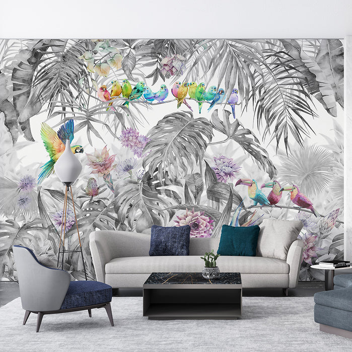 Tropical Jungle Flower and Bird Wallpaper Mural | Rainforest Style Wallpaper