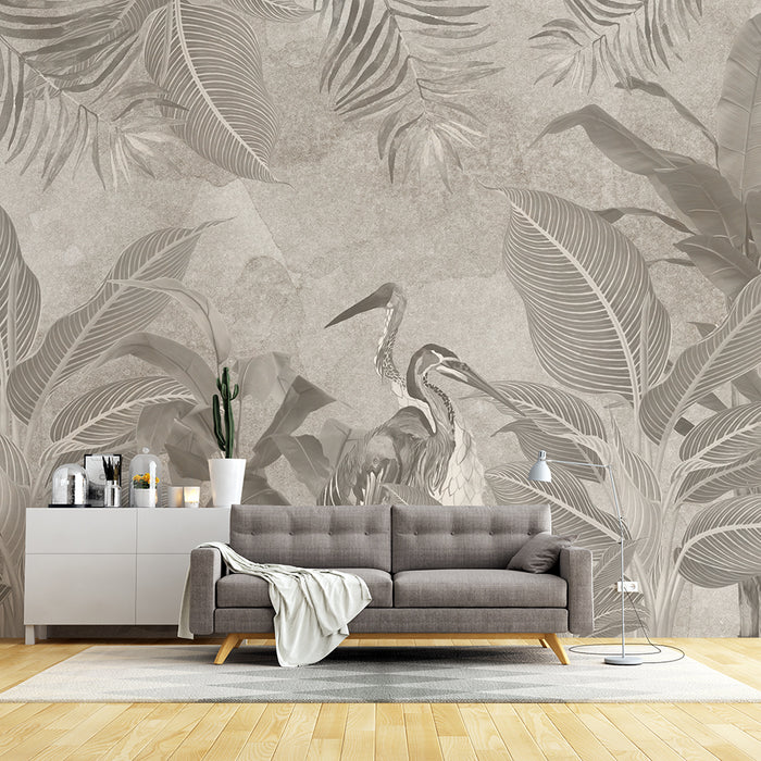 Retro plant flower and bird wallpaper mural | Wabi sabi style decorative wall in bedroom