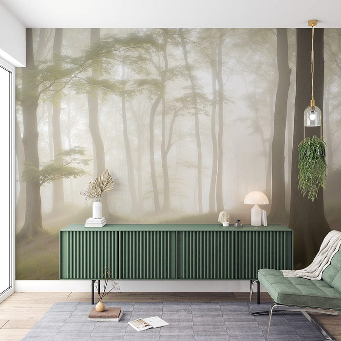 Misty Forest Wallpaper Mural – Serene Nature-Themed Décor for Living Room & Bedroom