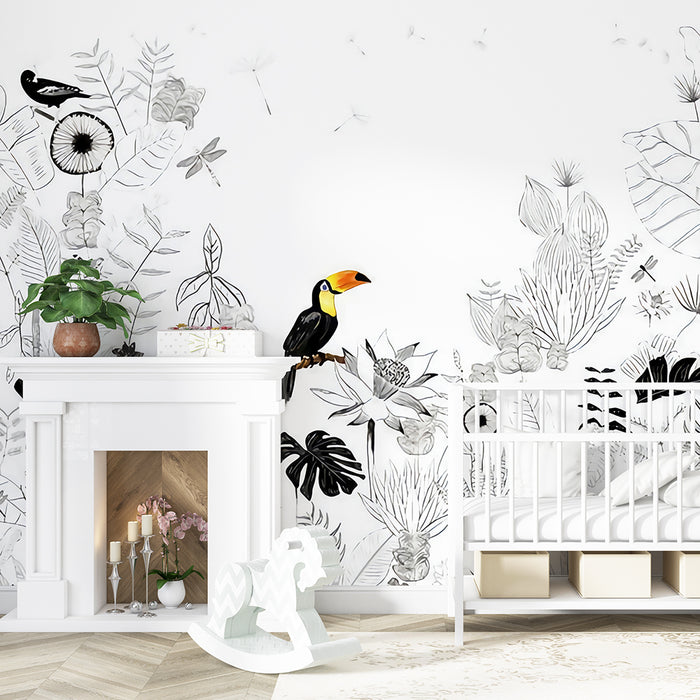 Black and white jungle hand-painted wallpaper | toucan themed mural