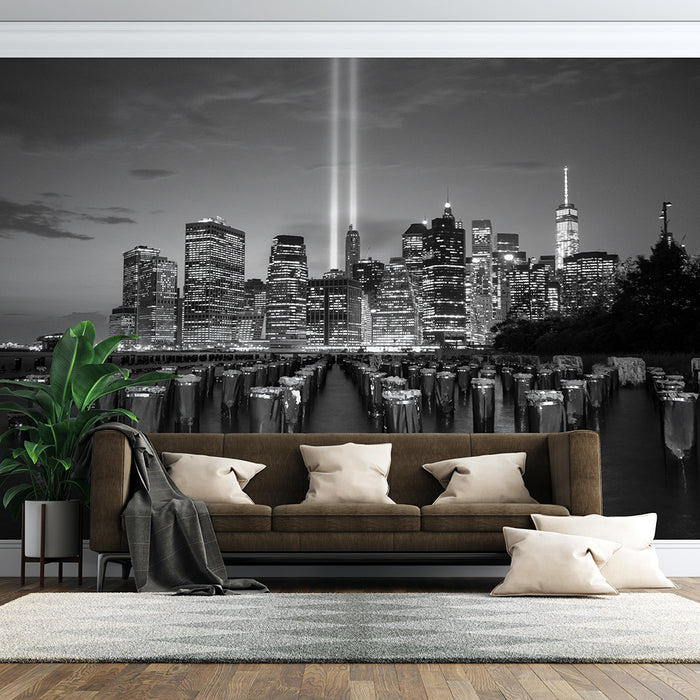Black and White City Night Wallpaper | Urban Light and Shadow Decorative Wall