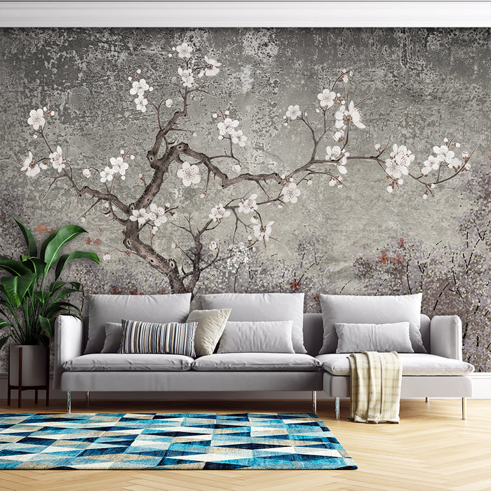 Plum Blossom Retro Style Wallpaper | Elegant Zen Decorative Paintings in Living Room and Bedroom