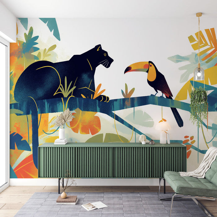 Tropical Jungle Black Panther toucan Wallpaper | Children's Room Bedroom Decorative Wall