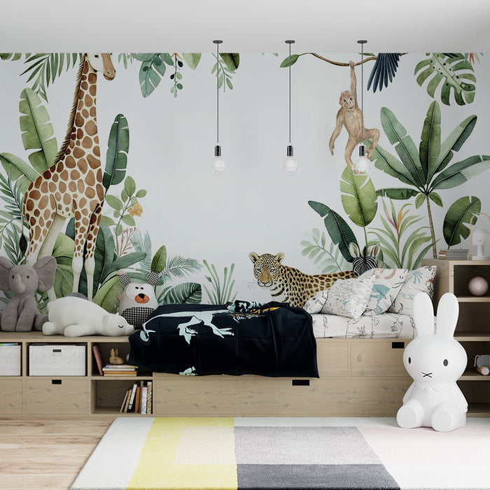 Hand drawn jungle animal wallpaper mural | Children's room bedroom playful decorative wall