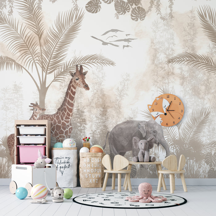 Jungle Animal Retro Wallpaper Mural | Giraffe & Elephant Print for Bedroom & Living Room | African Safari Theme
