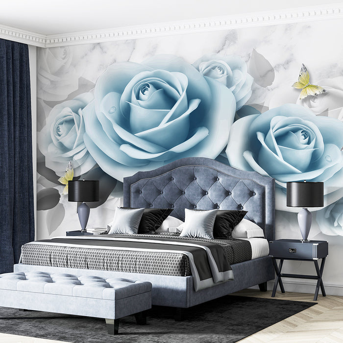 Blue Rose Marble Wallpaper | 3D Flower Theme Mural