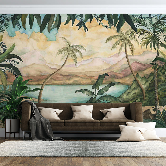 Hand drawn tropical landscape wallpaper mural | Vacation style decorative wall